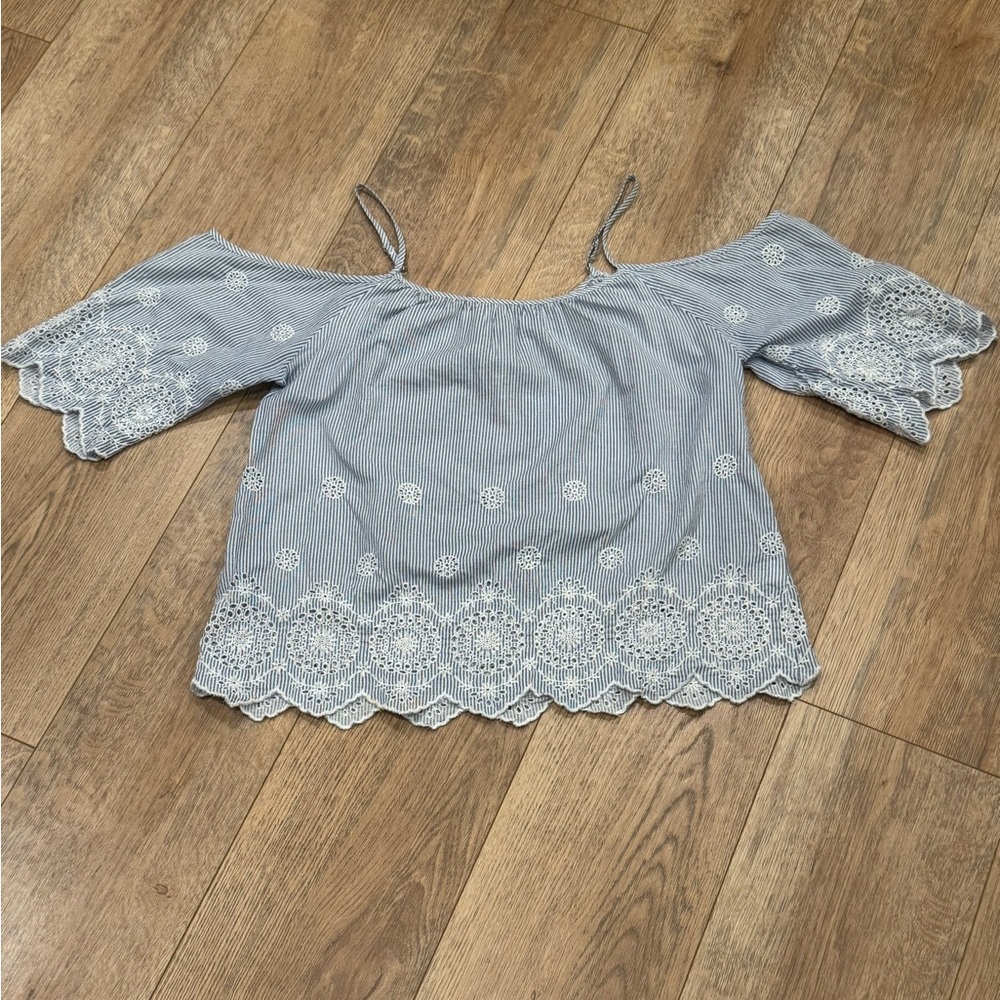 Rebellion Light Blue Striped Off-Shoulder Embroidered Top